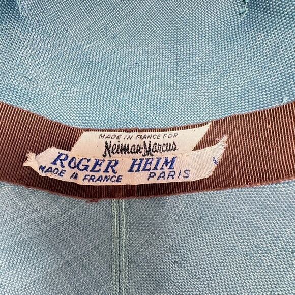Vintage Neiman Marcus Roger Heim Paris Blue Hat Cloche Straw Gray Ribbon 1950s